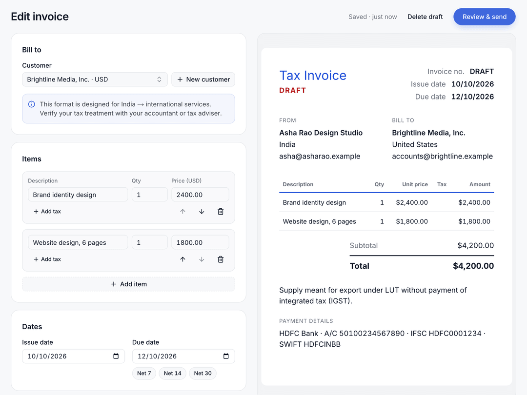 BillMinute invoice editor with a live preview of an invoice from India to the United States