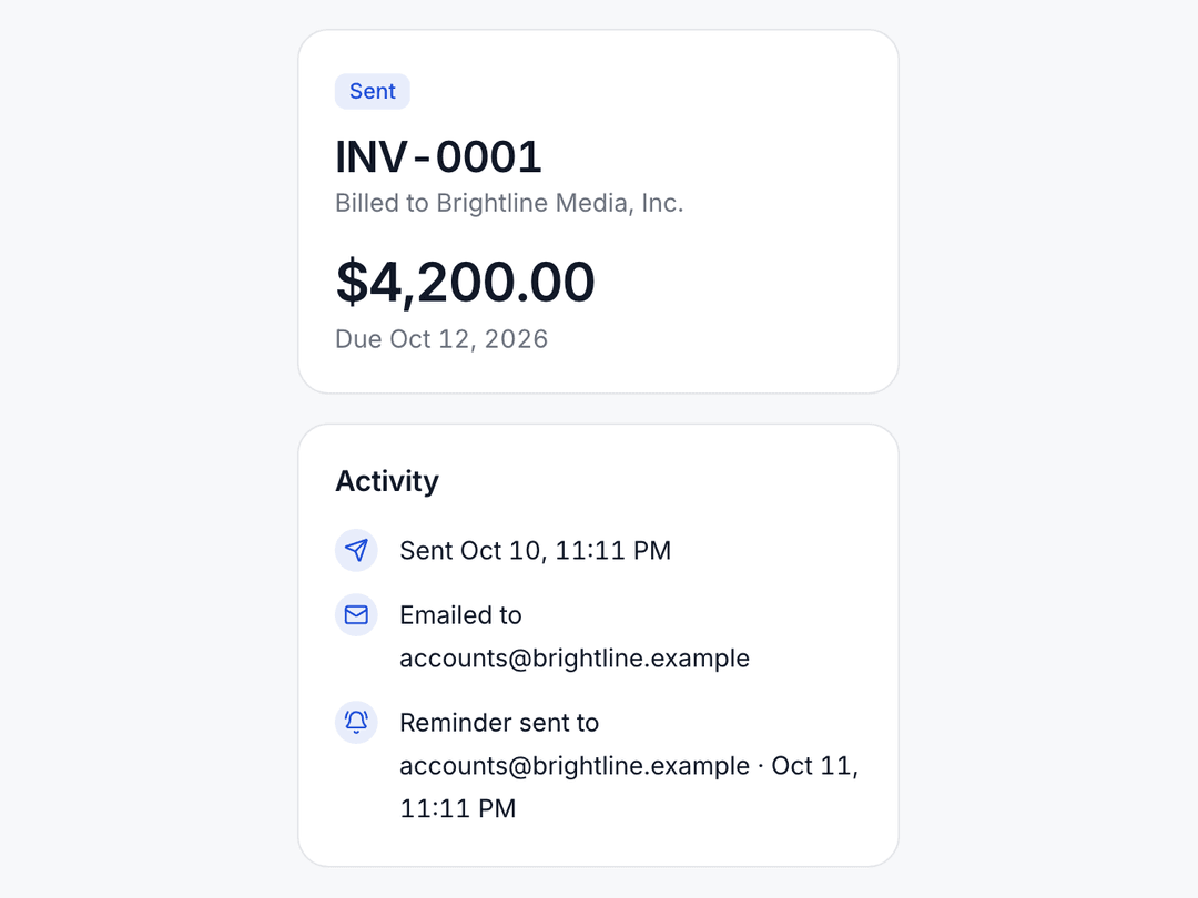 Invoice activity showing an automatic reminder sent to the client