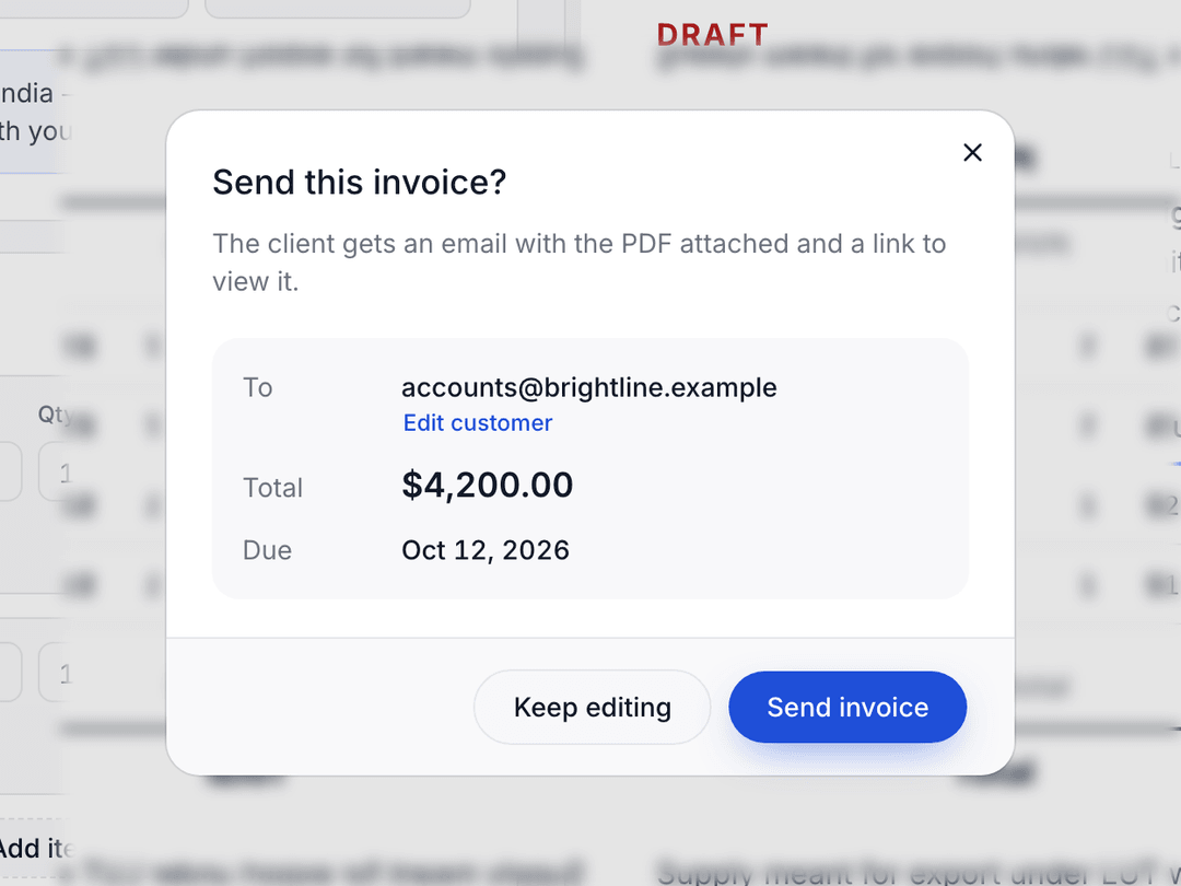 The send dialog, ready to email the invoice to the client